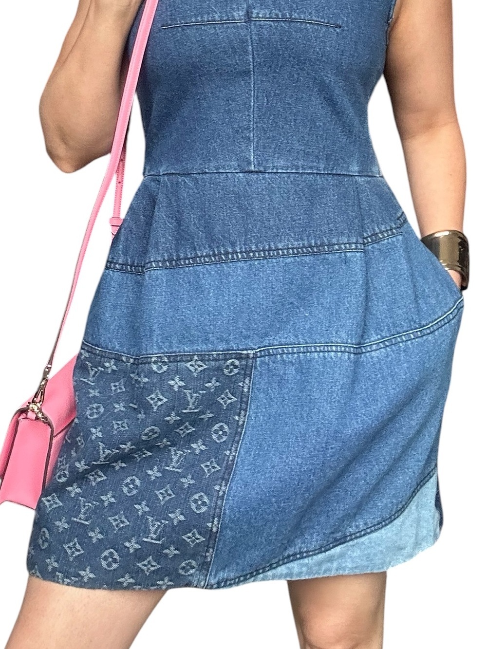 Denim Monogram  Dress Sleeveless A-Line Structured Mini Size Small - Picture 5 of 16